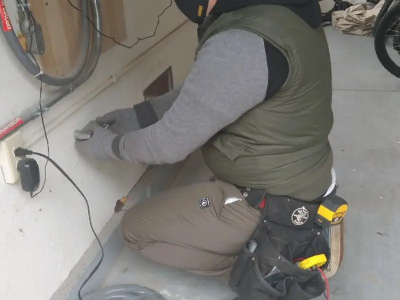 Electrician performing outlet wiring in a Loudoun Valley Estates garage
